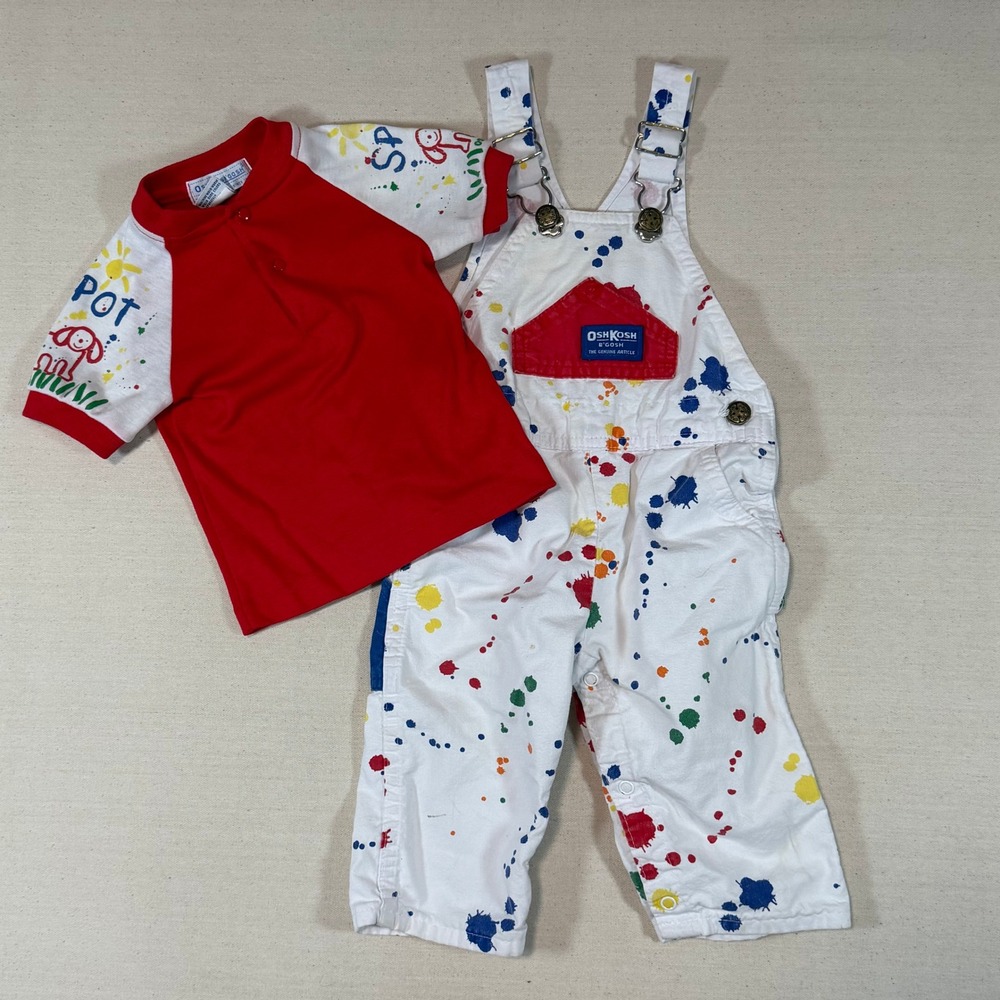 Vintage OshKosh Bgosh Paint Splatter Overalls and Shirt Set 18 Months USA Made
